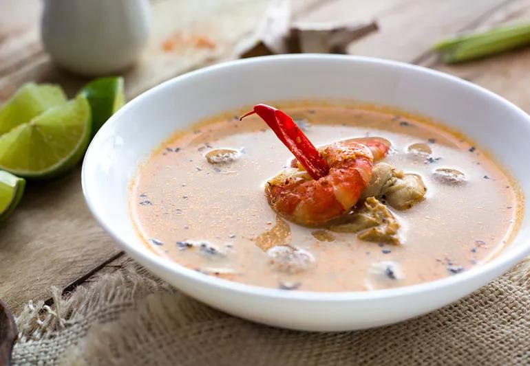 Creamy tomato seafood stew in a bowl