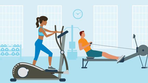 People exercising in gym on elliptical and rowing machine