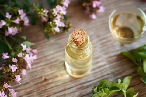 Oregano herbs, bottle of oregano oil and oregano tea in a cup