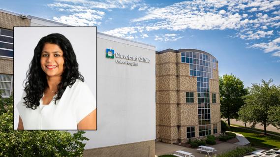 Portrait of Kavitha Subramanian, M.D., superimposed on photo of Union Hospital.