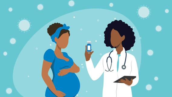 Healthcare provider holding up bottle of maternal RSV vaccine, with pregnant patient