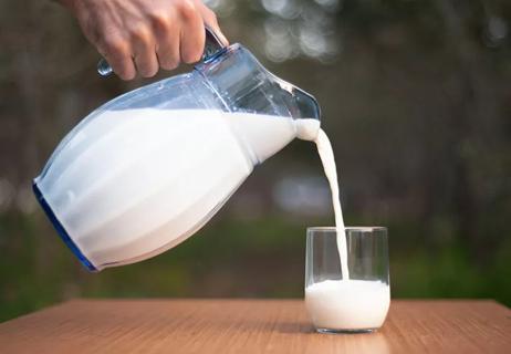 A person pouring milk from a pitcher into a glass
