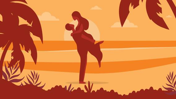 A couple on the beach, with one holding the other up in an embrace