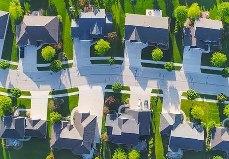 Idyllic neighborhood street, aerial view