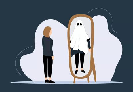 An illustration of a person looking in the mirror and the reflection has a ghost looking back