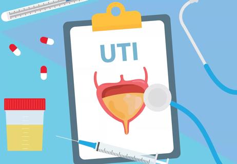 An illustration of a urine sample, needle, pills and a stethoscope surrounding a clipboard