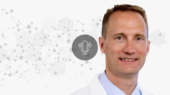 portait of Dr. Jay Alberts against decorative background with podcast icon overlay