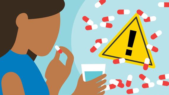 Person holding glass of water, about to take a medication capsule, with many floating capsules and exclamation point nearby