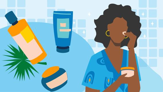 Person applying skin care cream, with bottle, tube and jar of cream floating nearby