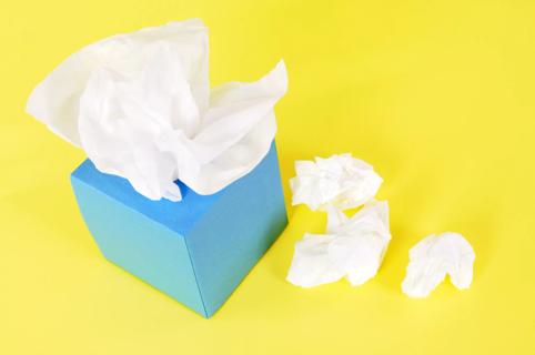 Surprising Relief for Your Stuffy Nose? Have Sex | Photo of blue tissue box with crumpled tissues beside it