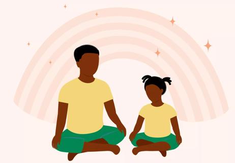 An illustration of a adult and a child practicing meditation