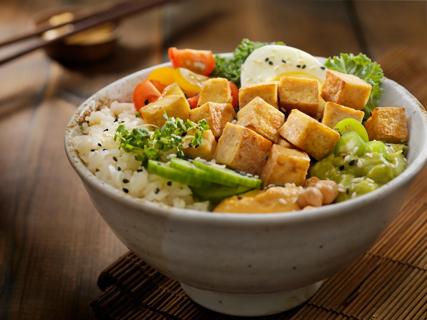 Protein bowl of tofu, eggs, rice and veggies