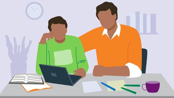 Parent helping teen study, with laptop, books, pens, papers