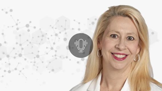 dr. lilyana angelov against a decorative background with a podcast icon overlay