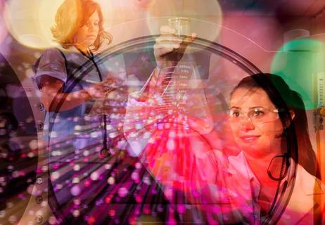 double exposure artistic rendering of scientist and nurse, representing translational research