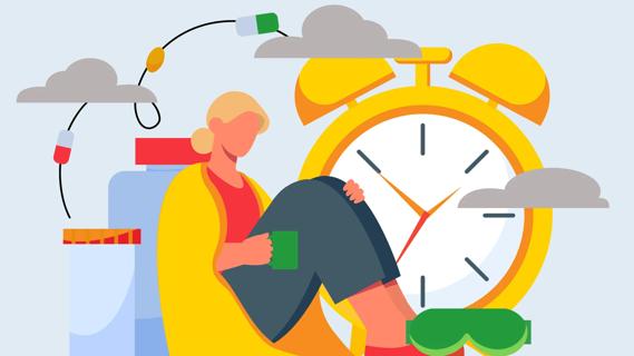 Person sitting against oversized medicine bottles, drinking from a mug, near giant clock, with clouds floating above