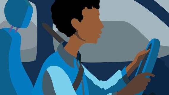 Person in profile view, driving a car, in deep thought