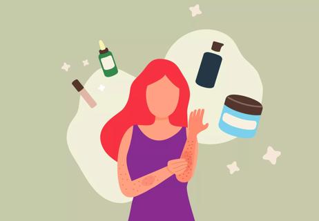 Person scratching arms surrounded by skin care products
