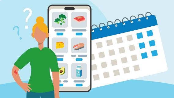 Person next to oversized cell phone with food tracking app and calendar
