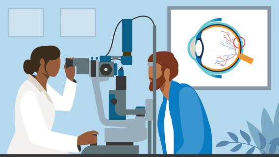 Healthcare provider giving a retinal/eye exam to patient