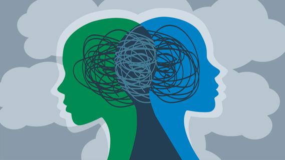 Two silhouettes with scribbles in brains, showing mental health traits, showing an intersection with commonality