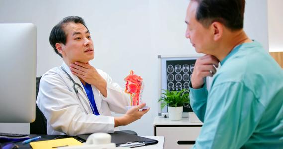 Healthcare provider holding medical model of the throat, talking with person across from desk