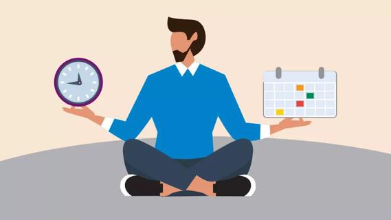 bearded man sitting crosslegged holding clock in one hand, calendar in other
