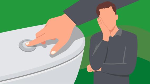 Person wondering, with hand pushing flush button on toilet, green background