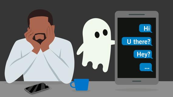Person sitting by cell phone, waiting for a response, with a ghost by the phone with unanswered texts
