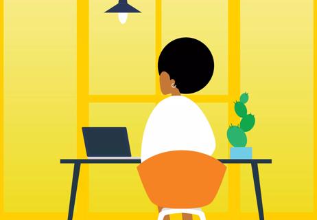 An illustration of a person sitting at a desk with a computer and cactus