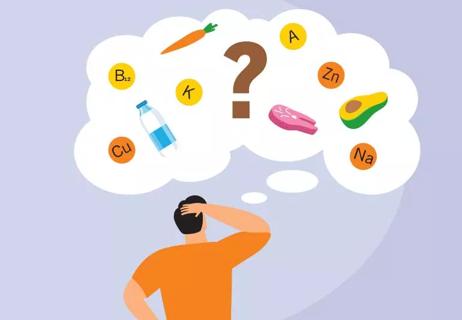 Person wondering about micro and macronutrients with some of those elements in a thought cloud.