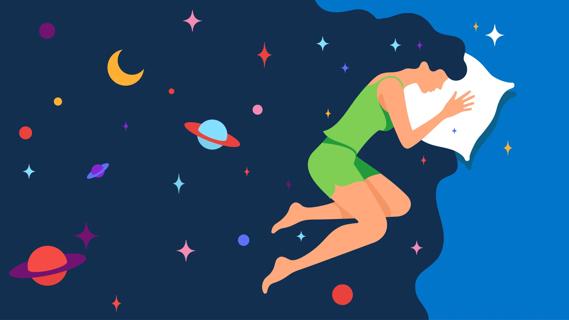 Person sleeping in bed among universe with planets, moon, starry night sky in flowing hair