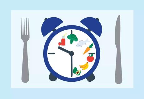 Place setting with clock as plate separated into eating and non-eating times by clock hands.