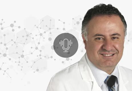 portrait of Dr. Imad Najm against decorative background with podcast overlay