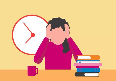 person stressing, with clock and books