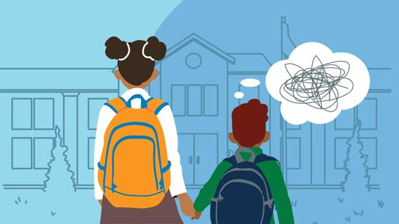 Two siblings holding hands wearing backpacks, standing in front of school, with the younger on showing anxiety