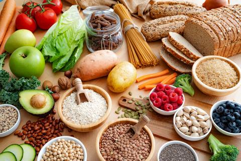 Variety of fiber-nutrient foods covering a table top