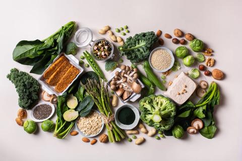 Variety of plant-based protein, including soy beans, tofu, vegetables and soy milk