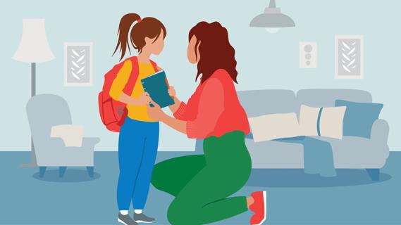 Caregiver on bended knee talking with child with backpack on at home