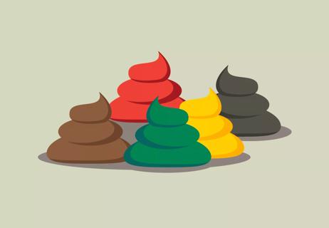 Various piles of colorful poop in brown, red, green, yellow and black.