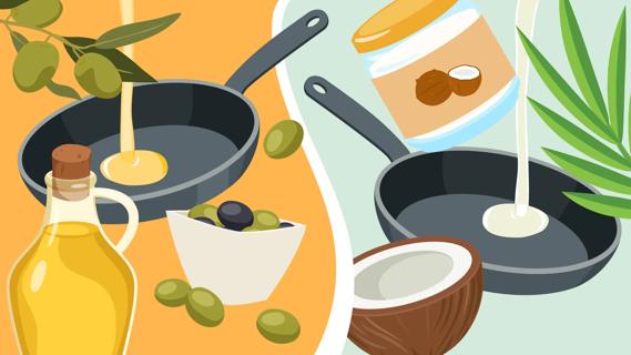 Coconut oil being poured into skillet and olive oil being poured into skillet