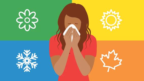 Person blowing their nose, with winter, summer, fall and spring around them