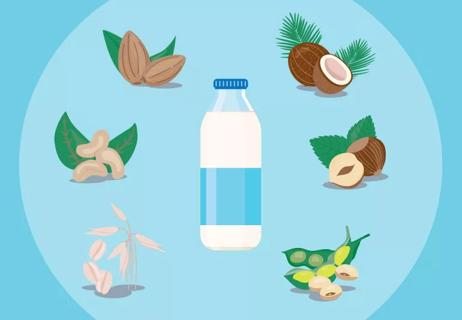 An illustration of milk made with alternatives like soy, almond, cashew, rice, coconut and hazelnut