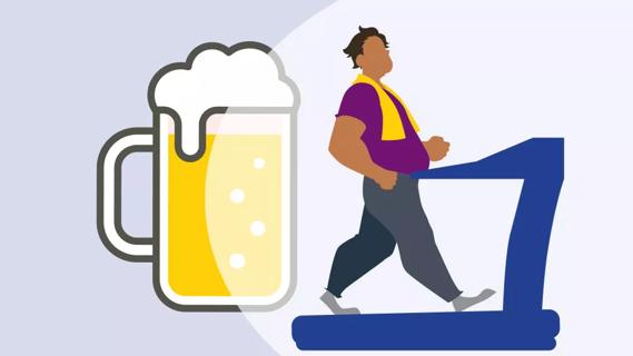 male with beer belly on treadmill, with giant mug of beer next to