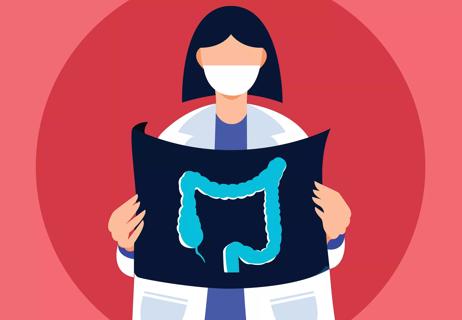 An illustration of a doctor holding an image of a colon
