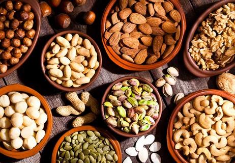 Variety of nuts on a table.