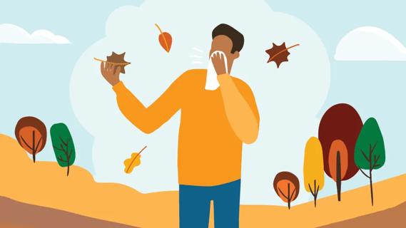 Person with covering their sneeze with a tissue, with autumn leaves falling around them