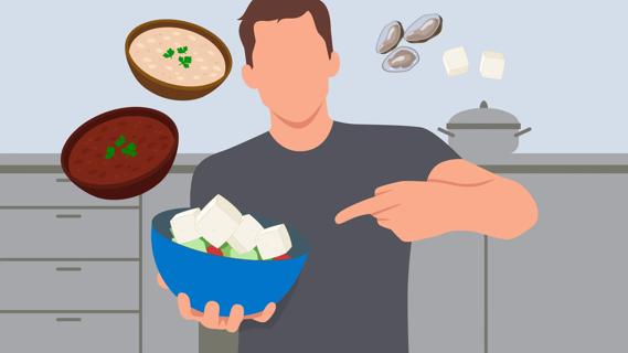 Person holding up and pointing to bowl of tofu, with assorted protein foods floating around