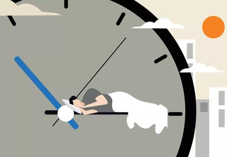 Whimsical illustration of a person sleeping on a clock hand