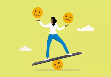 An illustration of a person trying to balance a sad face and a happy face
